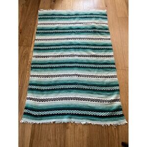 Mexican Falsa Blanket Teal Turquoise White Striped Woven Yoga Beach Throw Rug